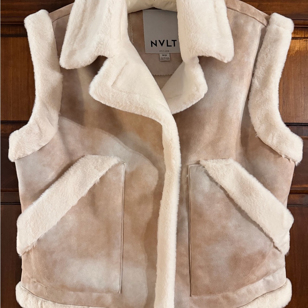 NVLT Suede Beige and White Faux Fur Vest